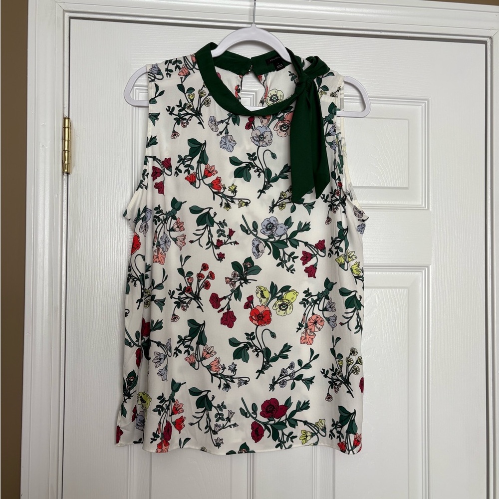 Ann Taylor Cream Floral Tie-Neck Blouse with Green Trim